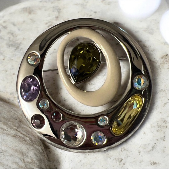 Vintage Swarovski Crystal Art Deco Modern Circular EnamelBrooch Signed